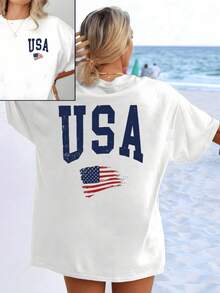 Patriotic Symbols With Large USA Lettering And A Waving Flag Evoking The Free Spirit And National Strength. Comfortable Women's Shirt, Double-Sided Casual Summer T-Shirt. - 白色 - 查看 8