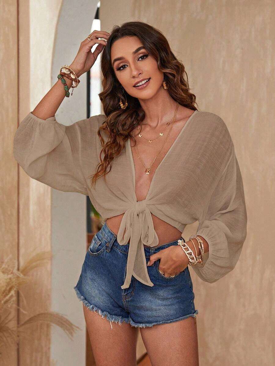 Swim Vcay Kimono corto de manga larga de unicolor y uso diario minimalista para mujer - Caqui - Ver 1