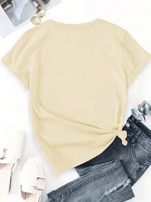 Camiseta 100% con paisaje de la ciudad de Nueva York y estampado de texto motivacional, cuello redondo, manga corta, ropa de verano casual, cómoda y transpirable para mujer - [Amarillo Claro] - Ver 2