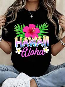 1 Piece Women's Round Neck T-Shirt, Hawaiian Floral Aloha Print, Short Sleeve, Summer, Beach, Vacation, Casual Style, 180g 100% Cotton - 黑色 - 查看 1
