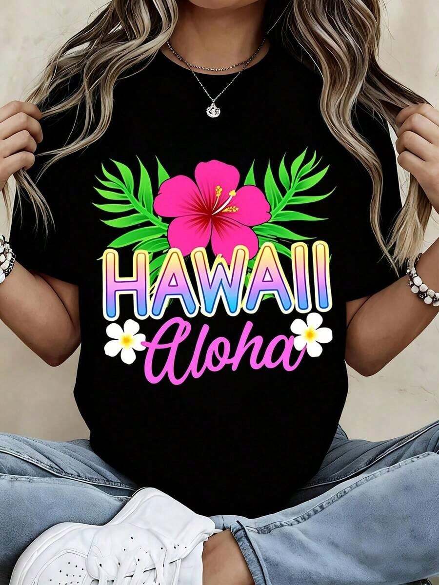 1 Piece Women's Round Neck T-Shirt, Hawaiian Floral Aloha Print, Short Sleeve, Summer, Beach, Vacation, Casual Style, 180g 100% Cotton - 黑色 - 查看 1