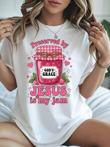 1 Piece Christian T-Shirt For Women "Preserved By God's Grace Jesus Is My Jam" Religious Faith Gift Inspirational And Cute Graphic T-Shirt 180g 100% Cotton - 白色 - 查看 7