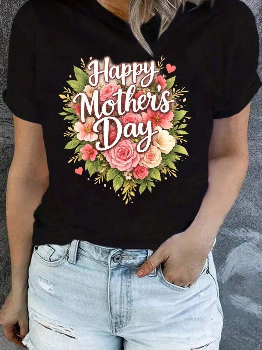 1 "Happy Mother's Day" T-Shirt | Floral Print Of Hearts In Pink And Peach Colors, Casual Short Sleeves, Round Neck, Comfortable Fit, Medium Stretch Fabric, Suitable For All Seasons, A Perfect Gift For Mom And Grandma, 180g Pure Cotton Short Sleeves, 100% Cotton. - 黑色 - 查看 1