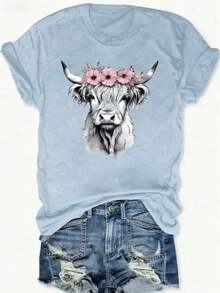 Camiseta de Mujer con Estampado de Vaca Highland Rosa - Diseño de Corona Floral, Cuello Redondo Casual, Manga Corta, Semitransparente, Cómoda para las Cuatro Estaciones, Lavable a Máquina, Estampado Artístico, Ropa Cómoda de Elasticidad Media - Azul - Ver 5
