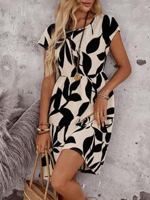 Vestido corto con cuello redondo y manga corta de estampado geométrico, casual para mujer, adecuado para primavera/verano - Multicolor - Ver 6