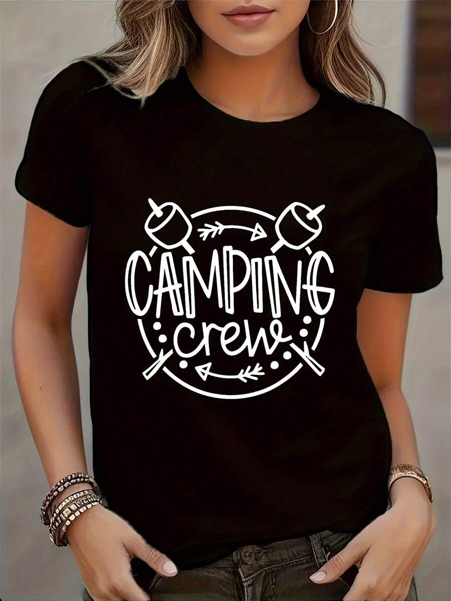 1 Crew Neck T-Shirt With Camping Enthusiast Print, Women's Casual Daily Top, 180g 100% Cotton. - 黑色 - 查看 1