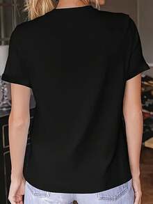 Camiseta de mujer con cuello redondo y estampado de letras y anime, de diseño sencillo, casual, negra, elástica, lavable a máquina, adecuada para primavera/verano/otoño. - Negro - Ver 2