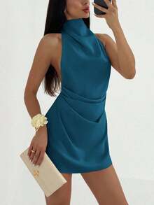 Vestido mini plisado con espalda descubierta y atar para mujer, de estilo minimalista - Agua verde azul - Ver 7