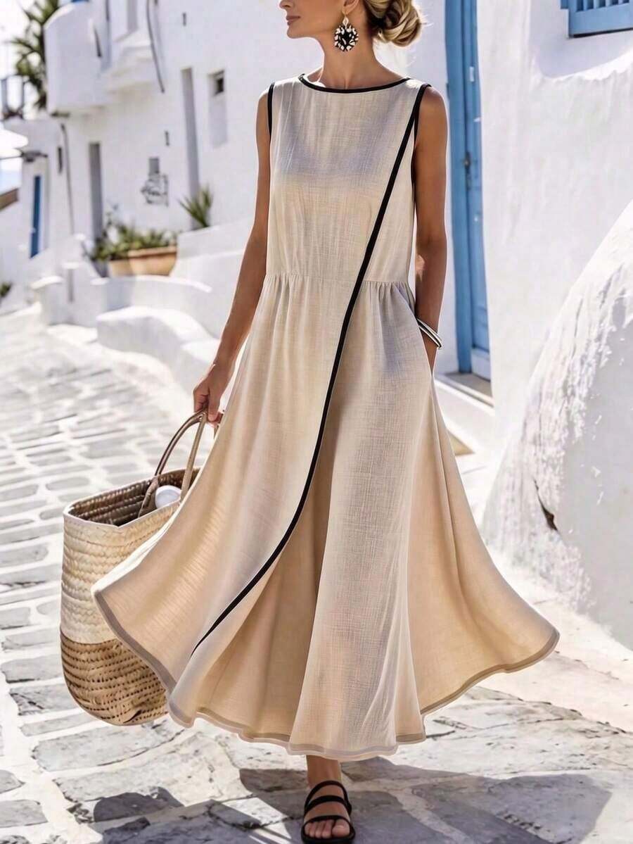 Vestido largo de cuello redondo sin mangas con cintura ceñida en color albaricoque - Multicolor - Ver 1