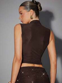 Top de malla con doble capa, cuello alto, color rojo burdeos, con aplicaciones de strass, para fiesta de verano y sexy - Marrón - Ver 2