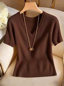 Camiseta de mujer elegante y casual de cuello en V y manga corta - Óxido marrón - Ver 5