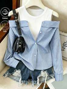 Nueva llegada Camisa de manga larga a rayas azul claro cómoda y casual para uso diario, blusa elegante y de moda de manga larga con hombros descubiertos - Azul y blanco - Ver 9
