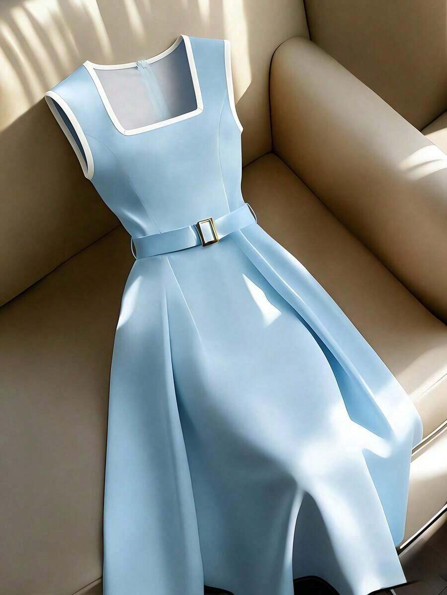 Vestido de corte evasé con cuello cuadrado, sin mangas, con ribete negro en la cintura, de estilo minimalista y versátil, en color beige, para primavera/verano - Celeste - Ver 1