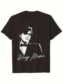 Men's Vintage  Band Print T-Shirt - Brian Ferry Portrait And Vintage Rock Tee, Classic Crew Neck Short Sleeve, Suitable For All Seasons, Casual Tee For Concerts And Music Festivals,  Band Collectible Item, Art Print, Relaxed Fit, Iconic Band Design,  Vintage Rock Tee For Casual Wear, Men's Music Tee, Guitar Technician Tee, Concert Outfit, Music Festival Clothing, Birthday Outfit, Party Outfits, Rave Outfits, Office Wear For Women, Curvy Outfits, Casual Outfits For Women, Gym Wear For Women, Resort Wear With Style, Classic Graphic Tee For Women Y5WV - Black - View 6