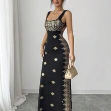 Raffinéa Women's Shiny Gold & Black Summer New Dress, Square Neck Spaghetti Strap Backless Slit Hem Fitted High Waist Dress, Suitable For Party, Wedding, Business Banquet, Daily Occasions, Gala, Wedding Party, Holiday Attire - Burdeos - Ver 7