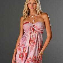 TRNDY Romantic Pleated Floral Print Twist Front Mini Dress, Suitable For Spring/Summer Vacation - Amarillo - Ver 4