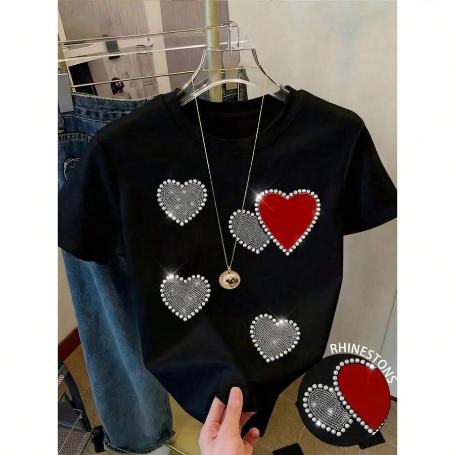 Camiseta de Manga Corta Mujer, Cuello Redondo, Estampado Impreso - Negro - Ver 1