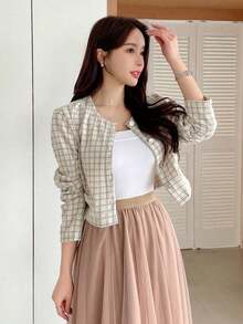 Designer Chaqueta de alta gama de manga larga y cuello redondo a cuadros de longitud corta para mujer, ropa de mujer de otoño - Albaricoque - Ver 8