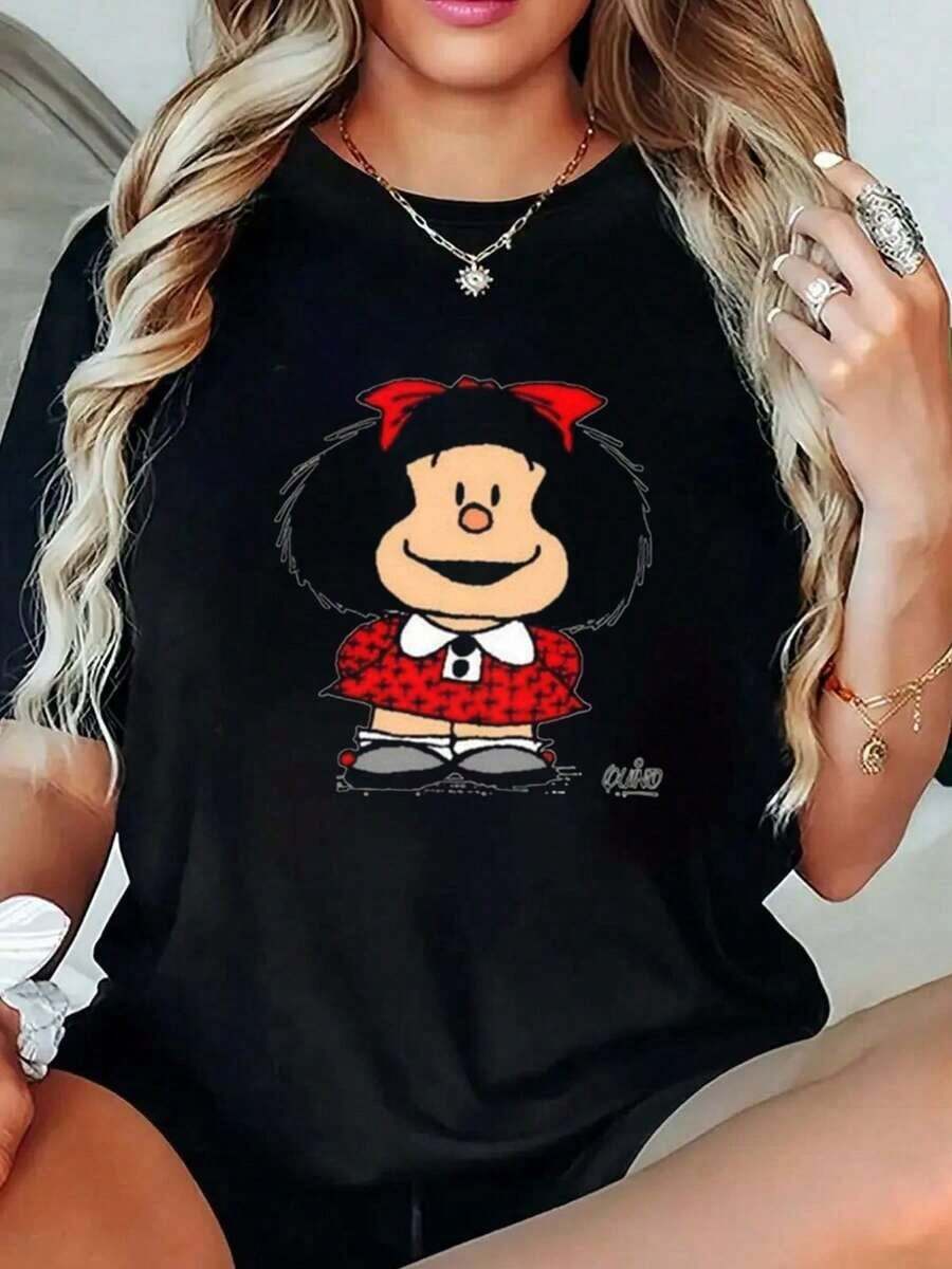 Camiseta de manga corta con cuello redondo y estampado para mujer. Perfecto para citas, desplazamientos diarios y salidas informales. Diseño clásico minimalista de cuello redondo, fácil de combinar y adecuado para todas las formas de cuerpo. - Negro - Ver 1