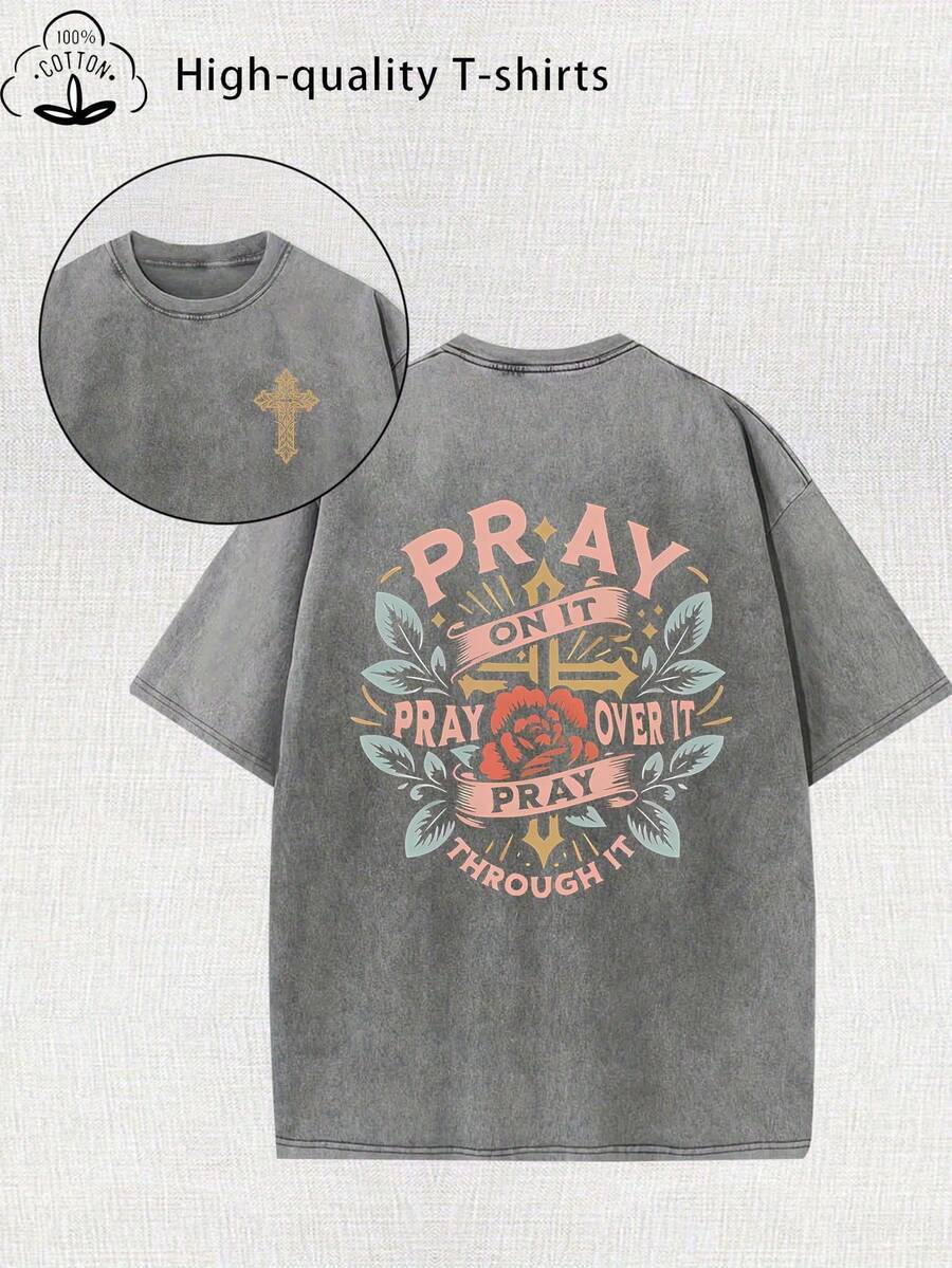 Women's T-Shirt, Modern Print, Vintage Wash, Thick Cotton 220g, Urban Vintage Style, Round Neck, Short Sleeves, Machine Washable, Casual Spring/Summer Wear, Loose Fit, Unique Blouses, Women's T-Shirt, National Brand, Shipping - 深灰色 - 查看 1