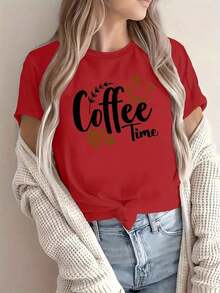 Camiseta de manga corta para mujer con la frase "Coffee Time" y un divertido estampado que muestra tazas de café, granos de café y hojas. Cómoda, suave y transpirable, esta nueva camiseta de verano para mujer es elegante, sencilla y versátil para el uso diario. Adecuado para primavera, verano, otoño e invierno, presenta un estilo deportivo casual con cuello redondo y mangas cortas. Disponible en tallas S-XXL-Unisex, corte holgado, cómoda, camiseta de algodón de estilo vintage urbano. Adecuada para primavera, verano y otoño. - Rojo - Ver 7