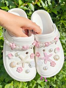 18pcs Pink Ocean Series Shoe Charms, Shell, Starfish, Bow DIY Accessories, Charm Set For Perforated Slippers - Pink Starfish Long Chain - View 3