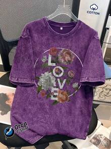 1 pieza de camiseta de algodón lavado con estampado "LOVE" y diseño de rosa vintage, 100% algodón puro, 230 gramos, marca Orca, adecuada para uso casual, salidas al aire libre, deportes, vacaciones, regalos y otras ocasiones. 180g 100% Algodón - Gris - Ver 9