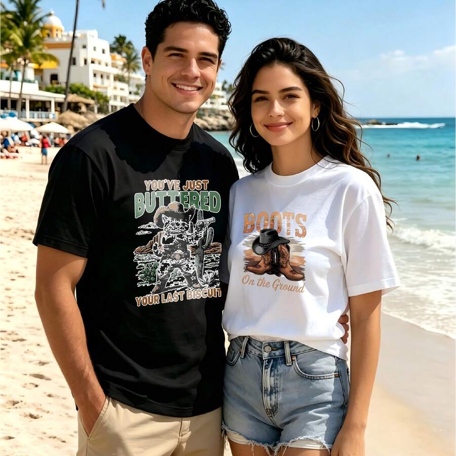 2-Piece Couple Matching Pattern T-Shirt, 100% Cotton, Loose Fit, Soft And Breathable, Casual Round Neck Short Sleeved Top You've Just Buttered Your Last Biscuit Boots On The Ground Versatile Patterns No Picky Combinations Coordinated Dating Casual Travel Simple And Cartoonish Printing Styles High - 黑色 - 查看 1