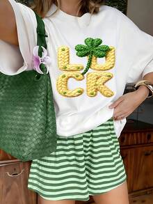 Lucky Clover Graphic T-Shirt, 100% Cotton Oversized Soft Breathable Casual Crewneck Short Sleeve Top, Spring Vibes Streetwear Style Tee for Women & St. Patrick's Day Lovers - Blanco - Ver 2