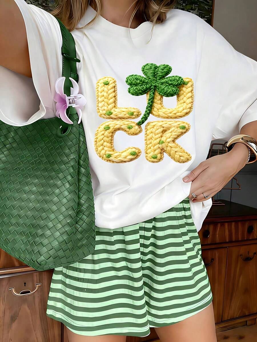 Lucky Clover Graphic T-Shirt, 100% Cotton Oversized Soft Breathable Casual Crewneck Short Sleeve Top, Spring Vibes Streetwear Style Tee for Women & St. Patrick's Day Lovers
