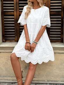 Vestido casual de vacaciones de unicolor con bordado calado para mujer - Pearl White - Ver 6