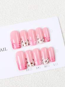 10 piezas de pegatinas de uñas brillantes, uñas postizas acrílicas cuadradas medianas, base rosa nude con estampado de leopardo y rayas de cebra rosa, estilo dulce Y2K, forma de mano favorecedora, adecuado para uso diario y fiestas, mejor vendedor de manicura francesa con estampado de leopardo - Rosa - Ver 1