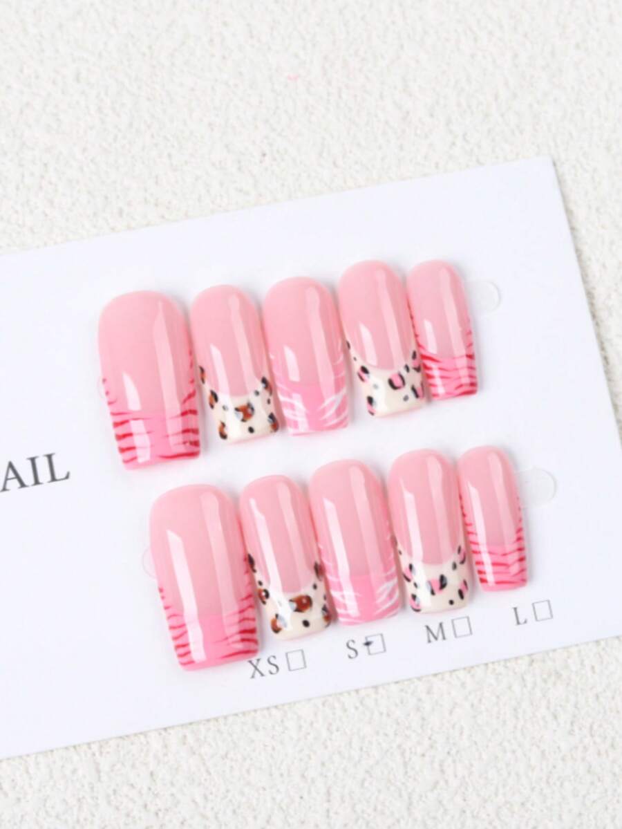 10 piezas de pegatinas de uñas brillantes, uñas postizas acrílicas cuadradas medianas, base rosa nude con estampado de leopardo y rayas de cebra rosa, estilo dulce Y2K, forma de mano favorecedora, adecuado para uso diario y fiestas, mejor vendedor de manicura francesa con estampado de leopardo - Rosa - Ver 1