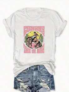 Camiseta de diseño casual con estampado 100% algodón para mujer - Estampado "Cowboy Take Me Away", cuello redondo holgado, manga corta lavable a máquina, estilo de moda de temporada, material no transparente, tops de verano 2026, atuendos cotidianos para mujer. Adecuado para primavera, verano y otoño. - Blanco - Ver 1