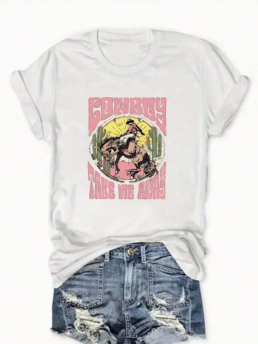 Camiseta de diseño casual con estampado 100% algodón para mujer - Estampado "Cowboy Take Me Away", cuello redondo holgado, manga corta lavable a máquina, estilo de moda de temporada, material no transparente, tops de verano 2026, atuendos cotidianos para mujer. Adecuado para primavera, verano y otoño. - Blanco - Ver 1