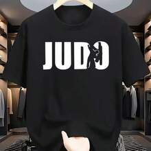 JUDO Black And White Letter Print T-Shirt For Men, Summer Regular Fit Crew Neck Versatile Streetwear Top - Black - View 1