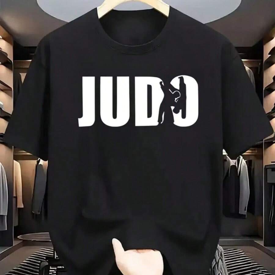 JUDO Black And White Letter Print T-Shirt For Men, Summer Regular Fit Crew Neck Versatile Streetwear Top - Black - View 1