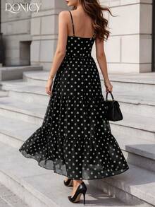 DONICY Vestido largo sin mangas con cintura calada y lunares negros para mujer, atuendo elegante para uso casual en primavera y verano - Negro - Ver 2