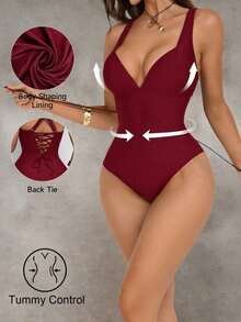 Traje de baño de una pieza con control de abdomen y push-up, con parches de color marrón, cordón de ajuste elegante y sexy, para fiestas y piscina - Burdeos 2 - Ver 3