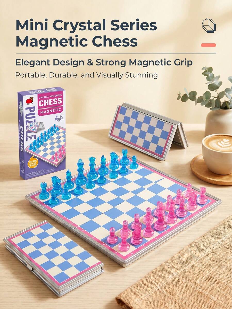 水晶透明磁吸折疊西洋棋組,15cm迷你棋盤,粉色與藍色便攜旅行桌上遊戲 - 彩色 - 查看 1