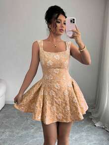 Vestido mini azul de mujer con cuello ancho, sin mangas, cintura recogida y textura de jacquard, elegante y romántico para graduación, baile de graduación, fiesta, festival de música, vacaciones - Naranja - Ver 3