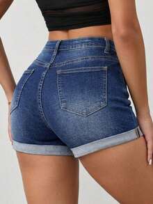Pantalones cortos de mezclilla simples y diarios con huecos para mujeres, Shorts Mezclilla Stretch Bajo Doblez para mujeres, Jeans, Pantalones cortos vaqueros versátiles para mujer - Azul - Ver 3