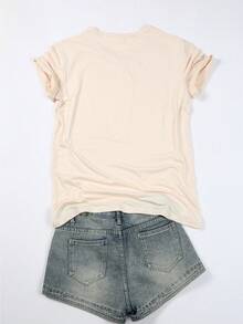 Women's Best-Selling T-Shirt With An Artistic Lion And Rose Print, Short Sleeves, And A Round Neck. Casual, Comfortable, Stylish, And Versatile, Suitable For Spring, Summer, And Autumn. Features An Optimistic Design And Stretchy Fabric. - 杏 - 查看 2