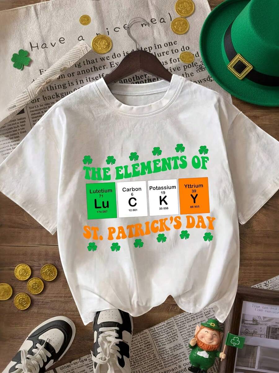 Camiseta de mujer con estampado de trébol de la suerte, top para el Día de San Patricio, camiseta casual de manga corta con cuello redondo, adecuada para uso diario - Camiseta unisex de algodón holgada de manga corta y cuello redondo estilo vintage urbano, blusas para mujer. blusas.blusas casuales para dama. - Blanco - Ver 1