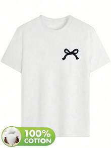 Women's 100% Cotton Heart Design T-Shirt - Soft And Comfortable, Short-Sleeved, Casual Spring/Summer Style With Bow Design, Machine Washable - Unisex Loose-Fitting Urban Vintage Style Cotton T-Shirt With Round Neck And Short Sleeves, Blouses For Women. Casual Blouses For Ladies. - 白色 - 查看 3
