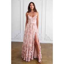 Vestido largo tirante escote profundo estampado nueva llegada cintura marcada estilo elegante - Rosa - Ver 7