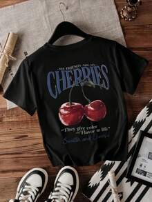 Camiseta estampada con diseño, de manga corta y cuello redondo, una prenda casual ideal para las mujeres en primavera y verano cuando no saben qué ponerse. - Negro - Ver 2