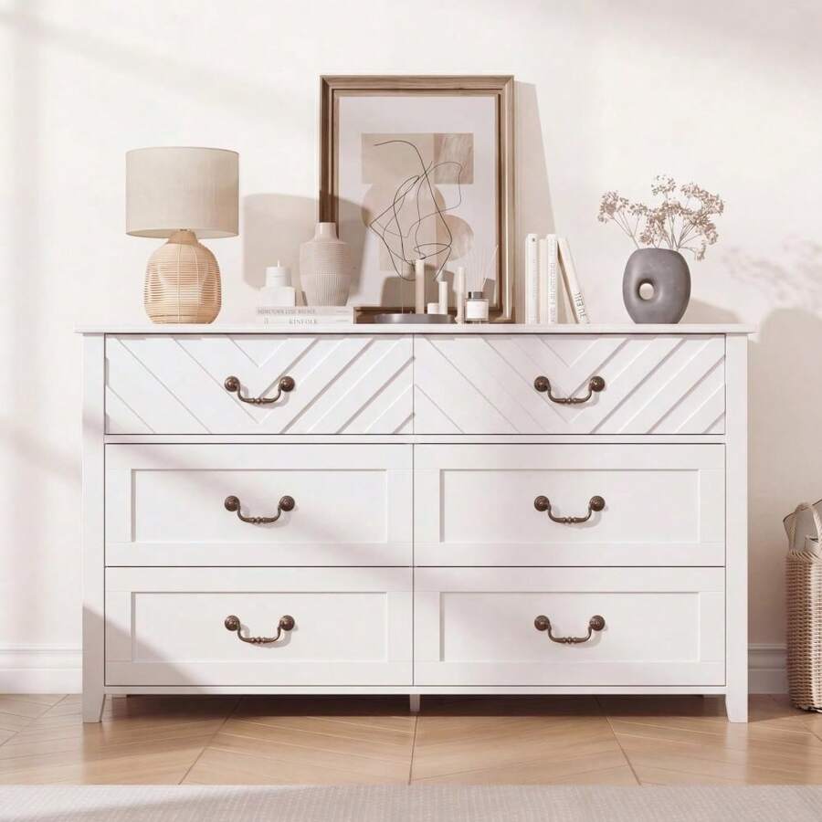 Studyset TV Stand With 6 Drawers, Modern Media Console Cabinet With 3D V-Pattern Front, Wooden Entertainment Center With Storage For Living Room, Apartment, Entryway - White - View 1