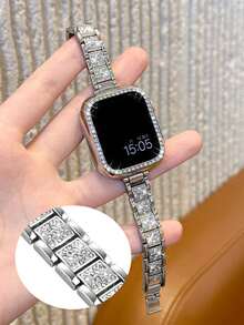 Bộ 2 dây đeo và vỏ đồng hồ kim loại sáng bóng, tương thích với Apple Watch Ultra 3 2 1, SE/S10/S11/S9/S8/S7/S6/S5/S4/S3/S2/S1, dây đeo kim loại hẹp 14mm màu bạc đính kim cương lấp lánh, phong cách thời trang trẻ trung dành cho nữ, kèm vỏ bảo vệ đồng hồ sáng bóng, bộ vòng tay kim loại cao cấp, tương thích với dây đeo dành cho nữ, 38mm 40mm 41mm S10/11-42mm, 42mm 44mm 45mm 46mm 49mm, thích hợp cho các bữa tiệc, bãi biển, đeo hàng ngày, đám cưới, làm quà tặng bạn bè, trang sức thép không gỉ mùa hè. - Bạc - Xem 3