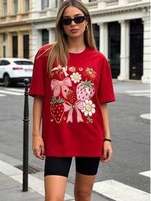 Women's Casual T-Shirt, Red, Cotton, Short Sleeve, With Strawberry And Flower Print, Round Neck, Regular Fit, Autumn Style, 100% Cotton, Durable - 紅色 - 查看 7